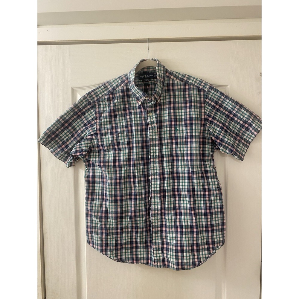 Ralph Lauren Shirt Men's XL Blue Green Pink Plaid Button Up Short Sleeve